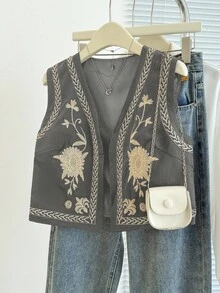 Franclia 女式休闲花卉刺绣无袖夹克 - 灰色 - 查看 1