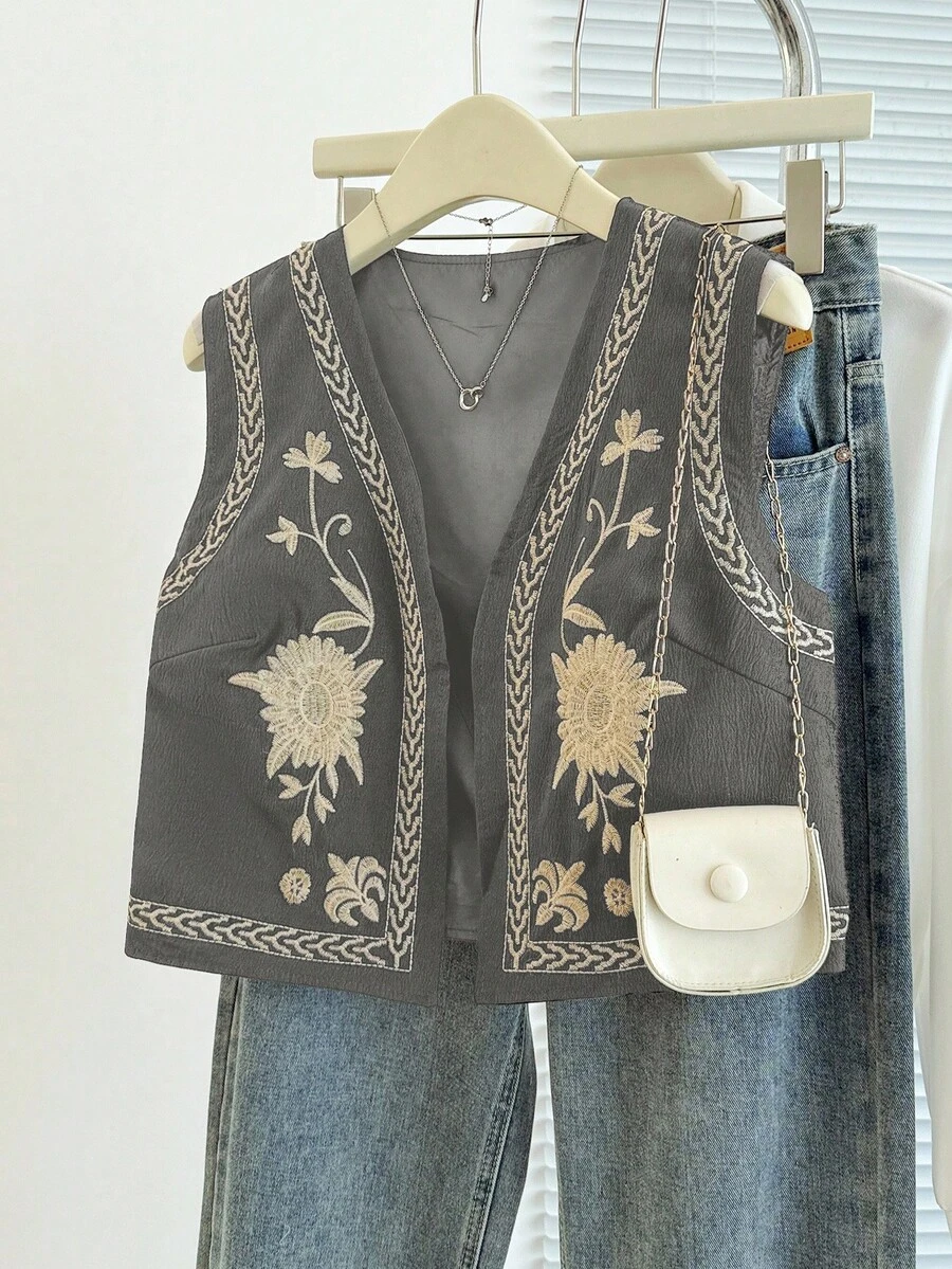 Franclia 女式休闲花卉刺绣无袖夹克 - 灰色 - 查看 1