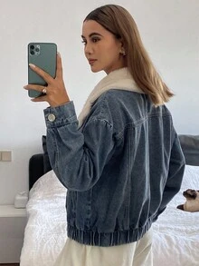 DAZY 女式休闲拼布牛仔夹克，秋季 - 藍色 - 查看 2