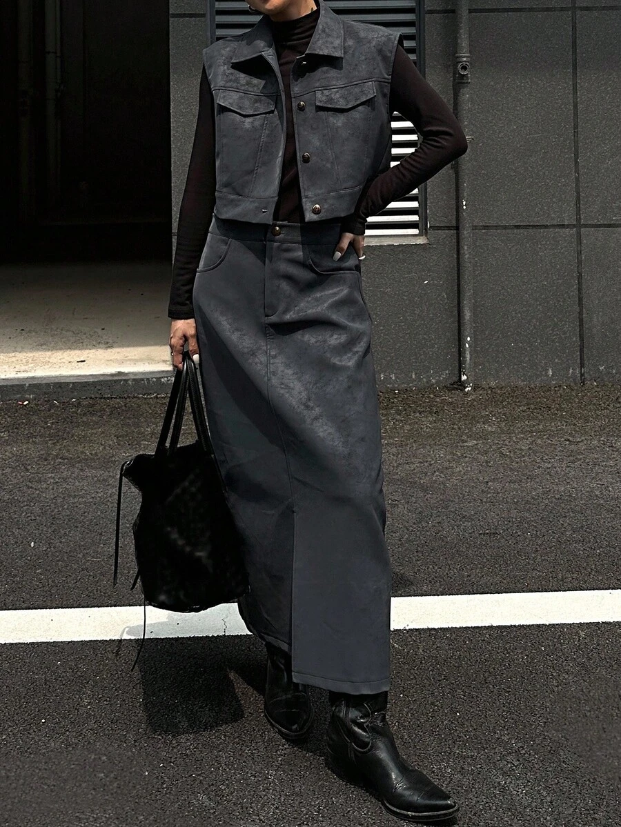 DAZY Bộ 2 món áo vest và chân váy bằng da PU dành cho nữ mùa thu/đông, kiểu dáng đơn giản, cài khuy. - Màu xanh lam - Xem 1