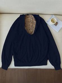 Elamini Women's Casual Leopard Print Sweatshirt With Star Pattern - Navy Blue - View 2
