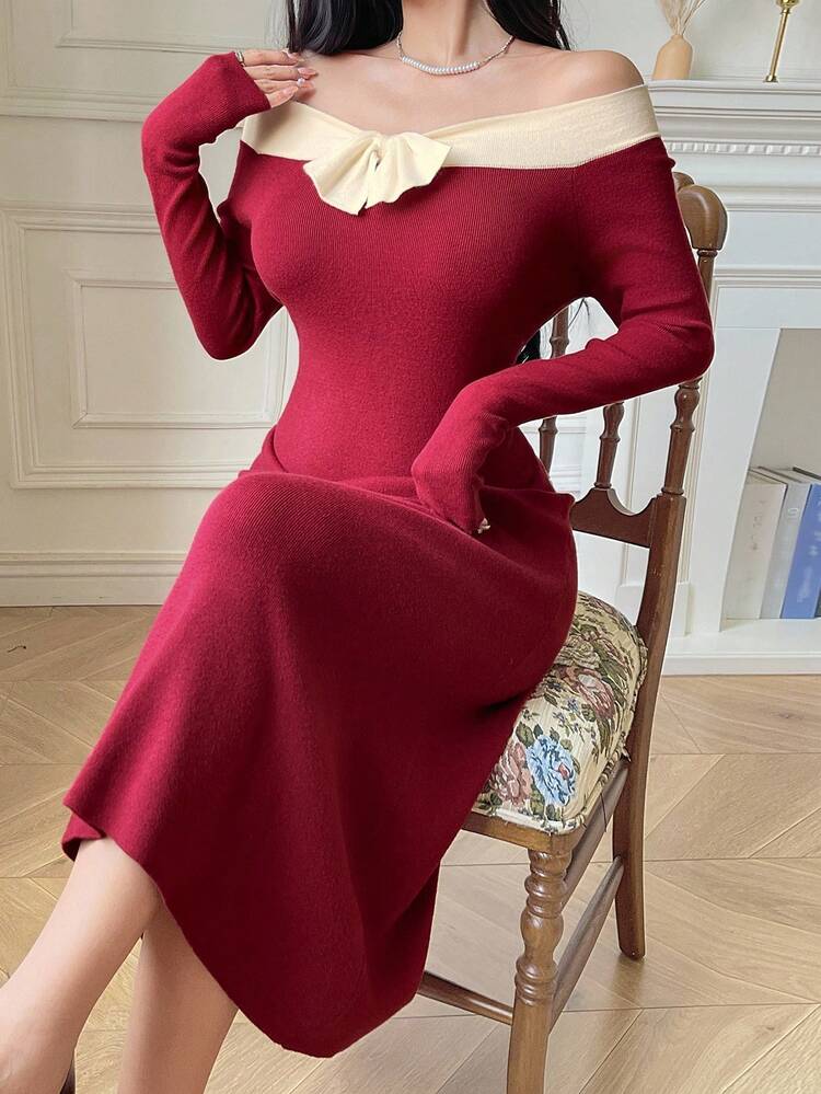French Off Shoulder High-Quality Fitted Long Sleeve Knit Dress With Bow Decor, Autumn/Winter Sweater Dress
