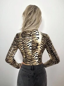 SHEIN ICON Women's Long Sleeve Fitted Fashion Tiger Print PU Leather Collar Jacket In Fall/Winter - Brown - View 2