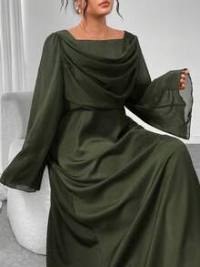 Modelyn Vestido de línea A de manga larga con cintura ceñida y patchwork de tallas grandes - Verde - Ver 5