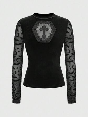 Goth Camiseta de moda de manga larga con cuello redondo y bordado de cruz hueca para mujer