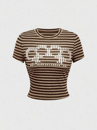 J-Fashion Y2K Vintage Striped Rhinestone Embellished Fitted Women T-Shirt