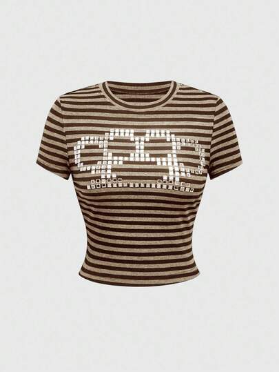 J-Fashion Y2K Vintage Striped Rhinestone Embellished Fitted Women T-Shirt