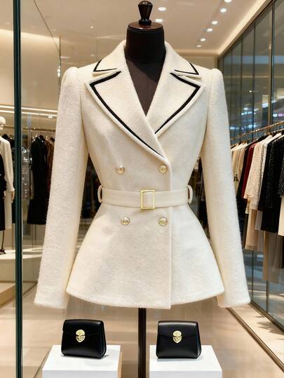 GlowEve 女士撞色领西装外套，收腰修身剪裁，休闲/商务优雅法式风格，杏色，长袖，秋冬款