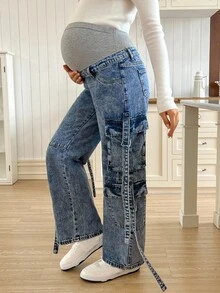 SHEIN 孕妇休闲百搭口袋阔腿工装牛仔裤 - 中等水洗藍 - 查看 5