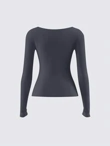 SHEIN BASICS Women's Casual Solid Color Knitted Fitted Long Sleeve Crew Neck Regular T-Shirt Playera Manga Larga Damawhite Top Long Sleevebasic Long Sleeve Tops - Dark Grey - View 4