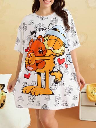 GARFIELD | SHEIN Plus Size Cute Cat Print Round Neck Short Sleeve Nightgown, Summer Cartoon Pajamas Women, Moo Moo Night Dress