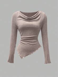 Franclia Women's Elegant French Brushed Ribbed Bodycon Top And A-Line Skirt 2-Piece Set, Autumn/Winter - Khaki - View 5