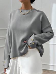 EURMUSE 女士双袖纽扣细节超大号冬季厚毛衣，温暖触感 - 灰色 - 查看 6