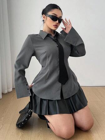SHEIN CURVE+ 性感条纹休闲长袖衬衫