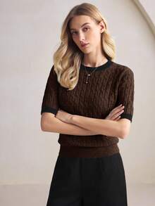 BizChic Áo len nữ cổ tròn màu be phối viền tương phản, kiểu dáng thanh lịch và sang trọng, thích hợp mặc đi làm, mặc hàng ngày, mang hơi hướng lãng mạn thập niên 90, phù hợp cho Giáng sinh, Năm mới, Ngày Valentine, tiệc tùng, đi biển, lễ tốt nghiệp, đa năng và tối giản, thích hợp cho khách dự đám cưới, chủ nhà, hẹn hò, dự tiệc, buổi hòa nhạc, bữa ăn sáng muộn, sân bay, kỳ nghỉ. - màu nâu - Xem 6