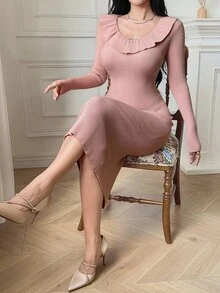 DAZY Elegant V-Neck Ruffle Trim Fitted Sweater Dress, Suitable As Undershirt Or Layering Piece With Coats, Autumn/Winter - Pink - View 6