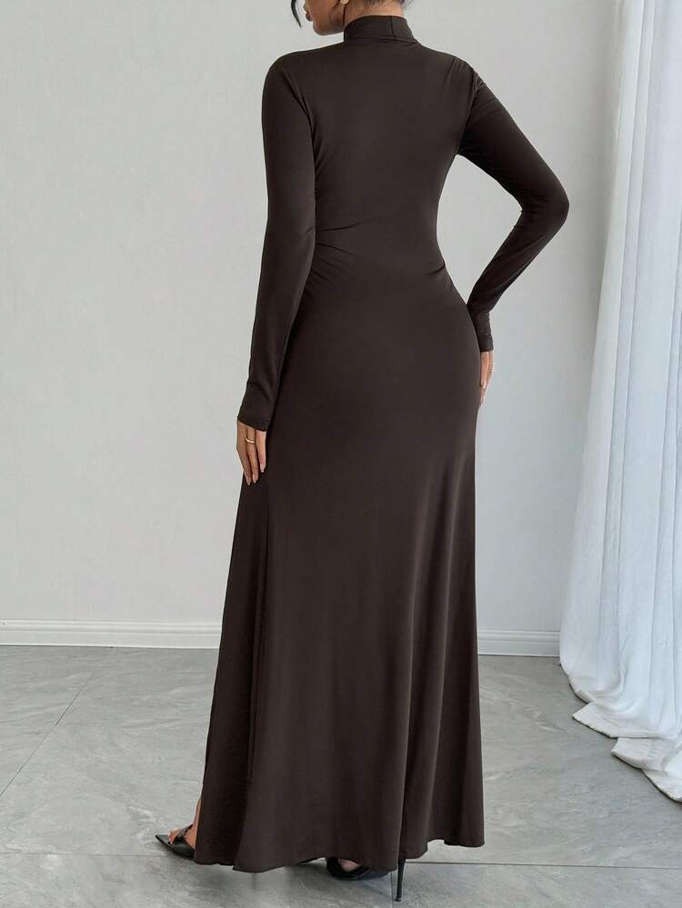 High Neck Long Sleeve Dress Women, Tie Waist Fitted Split Dress