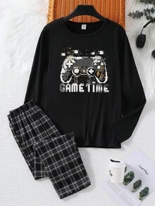 2 件大男孩休闲圆领长袖图形视频游戏印花运动衫和格子宽松裤睡衣套装，柔软针织面料 - 彩色 - 查看 3