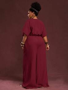 Veslaya 2025 Autumn & Winter New Arrivals, Women's Fall/Halloween/Winter Clothes, Plus Size, Music Festival/Halloween Outfits, Easter, Western, Boho, Birthday Party, Graduation, Student, Casual, Vacation, Cruise, Beach, Sunbathing, Fashionable, Women White Textured Loose Waist Wide Leg Jumpsuit, Plus Size - Burgundy - View 2