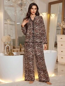 LuxeNights 常规款豹纹长袖上衣和裤子女士睡衣套装，冬季服装 - 彩色 - 查看 2