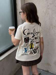 Young Girl Casual Cartoon Print T-Shirt, Summer - Apricot - View 2