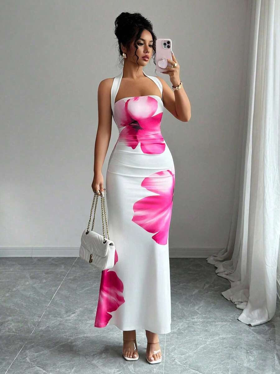 SHEIN PETITE 女款 2025 夏季掛脖綁腰修身印花中長洋裝,適合嬌小女性 - 白色 - 查看 1