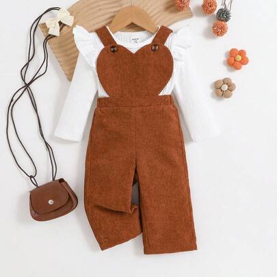 2pcs/Set Ribbed Ruffle Trim Crew Neck Long Sleeve Top And Heart Shaped Bib Overalls, Suitable For School, Casual, Vacation, Sports, Home, 6M-3T, Child
