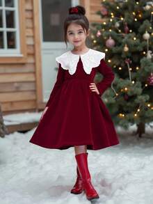 SHEIN Elladie kids Young Girls' Burgundy Velvet Dress, Autumn Christening Elegant Nancy Red Christmas Dress Featuring White Lace Trim Collar, Soft Lustrous Kids - Burgundy - View 8