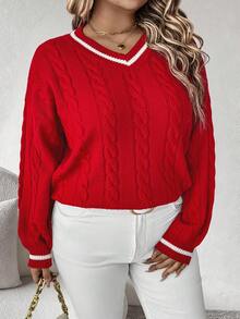 EMERY ROSE Plus Size Women Red & White Striped Knit Sweater, Casual Pullover Sweater Suitable For Christmas, Halloween, Back To School Season, Autumn/Winter
