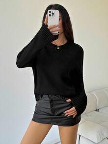 SHEIN PETITE Women's Black Solid Color V-Neck Loose Knit Sweater, Suitable For Petite Size, Autumn/Winter,Fall,Black Top