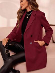 SHEIN Clasi 女式纯色双排扣休闲长袖大衣，秋冬 - 紅色 - 查看 7