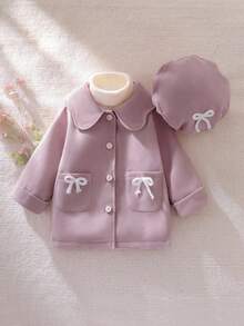 SHEIN Mantel Panjang Bayi Perempuan Motif Bunga dengan Kerah Peter Pan, Kancing Mawar, Pita, dan Saku, Dilengkapi Topi yang Serasi, Manis & Imut, Musim Semi/Gugur Musim Dingin - Berwarna merah muda - View 7