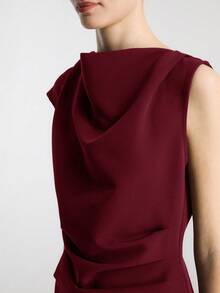 Ontre 女式秋冬垂坠领无袖纯色收腰宽松长裙，舒适休闲商务优雅长裙，适合圣诞节、万圣节、派对和聚会 - 酒紅色 - 查看 7