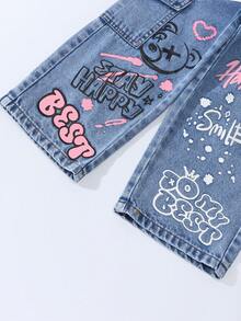 Sparklyn 1件少女牛仔工装裤，时尚街头风休闲学院风度假推荐，黑色+粉色爱心+英文印花，可爱甜美 - 淺色水洗藍 - 查看 4