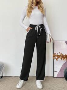 EMERY ROSE Women's Casual Sports Style Drawstring Waist Slant Pocket Contrast Piping Straight Leg Pants