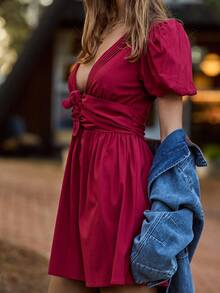 Aralina Women's Dark Red Vintage Y2K Deep V-Neck Puff Sleeve Mini Dress,Summer Boho Picnic Style Bow Details,Christmas Thanksgiving Holiday Autumn Outfits - Burgundy - View 3