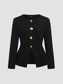 SHEIN CURVE+ Áo khoác tay dài thanh lịch khóa kim loại bất đối xứng cỡ lớn - màu đen - Xem 5