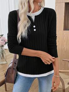 EMERY ROSE Women's Contrast Trim Button Casual Long Sleeve T-Shirt,Black Top - Black - View 3