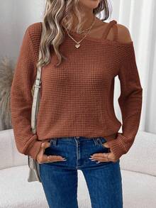 SHEIN LUNE 女士休闲/工作华夫格纹理灯笼袖不对称肩长袖T恤，秋冬 - 紅木色 - 查看 6