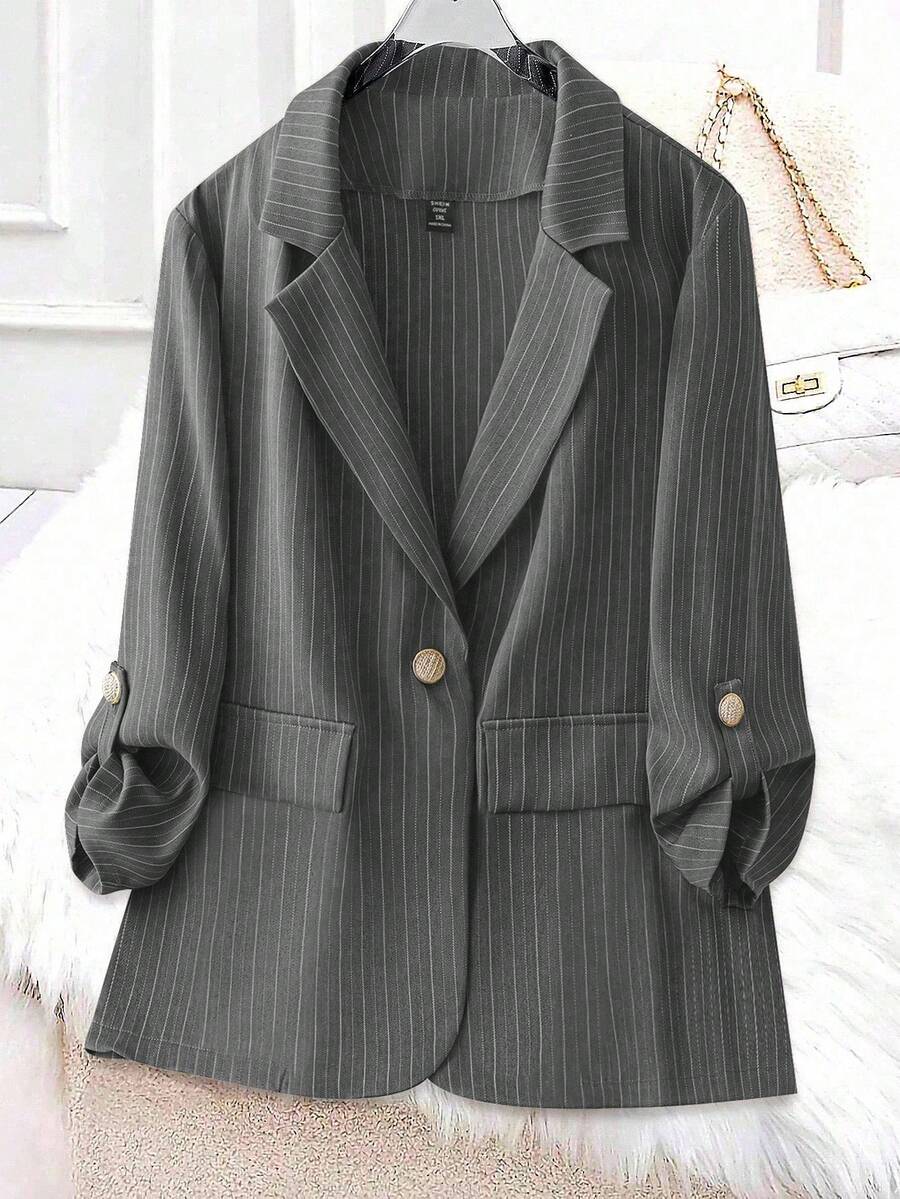 Calvaya Plus Size Women's Spring Autumn Striped Lapel Ruffle Hem Casual Blazer Jacket Fall Cloth For Women Winter - Grey - View 1