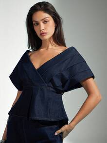 Denimoi 女士夏季褶皱露肩牛仔上衣 - 深色水洗藍 - 查看 5