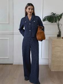 DAZY 女式西部牛仔破洞水洗宽松翻领长袖牛仔外套和直筒裤休闲街头秋冬牛仔套装 - 藍色 - 查看 4