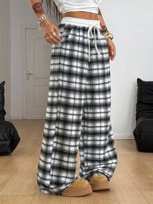 Coolane Women's Fall Casual Daily Wear Basic Loose Checked Plaid Patchwork Wide Leg Pants