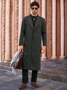 Manfinity VCAY Men's Casual Black & White Vertical Striped Mid-Length Windbreaker, Autumn/Winter - Black and White - View 6