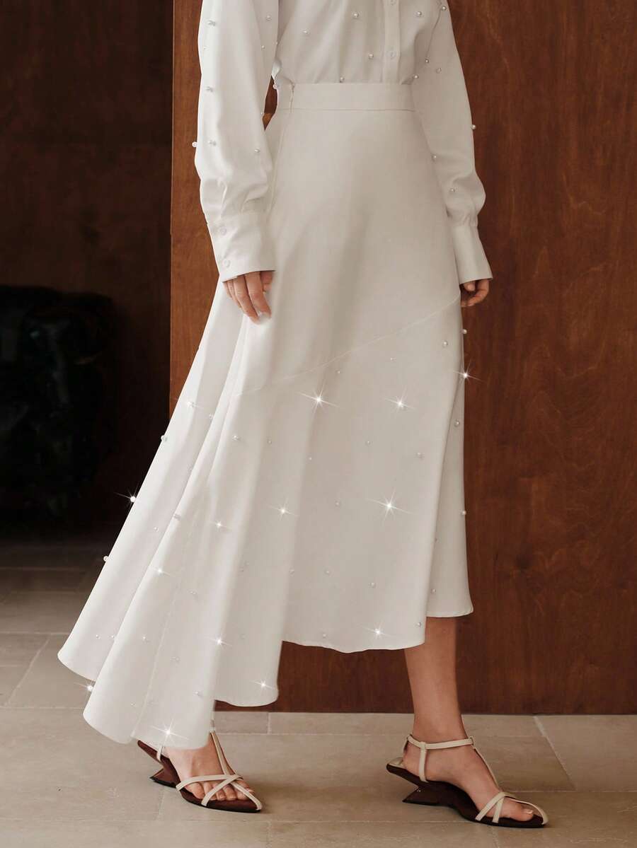 Uhlyne 设计不对称下摆开衩独特优雅修身 A 字裙，精致串珠白色优雅女士秋季服装 - 白色 - 查看 1