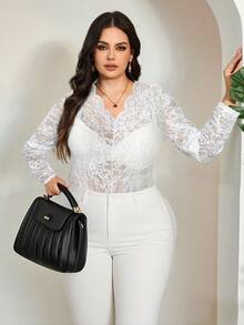SHEIN Tall CURVE 大码女式优雅性感纯色透明蕾丝衬衫 - 白色 - 查看 4