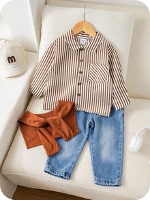 SHEIN 3pcs Baby Boy Casual Striped Shirt, Brown Shawl, Blue Denim Pants Set, Suitable For Birthday Party, Rave, Evening Party, Performance, Wedding, Baby's 1st Month, Baptism And 1st Birthday Celebration, My First Christmas Kindergarten Fall Winter - Multicolor - View 4