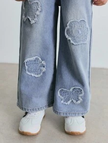Maija Kids 年轻女孩花卉装饰浅蓝色休闲牛仔裤 - 淺色水洗藍 - 查看 5
