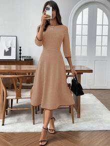 EMERY ROSE Vestido midi elegante de oficina con cuello redondo y estampado de cuadros para mujer - Marrón - Ver 6