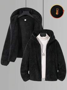 SHEIN Little Byeori 青少年男孩休閒日常舒適毛茸茸連帽寬鬆加厚長袖針織外套 秋冬款 - 黑色 - 查看 1